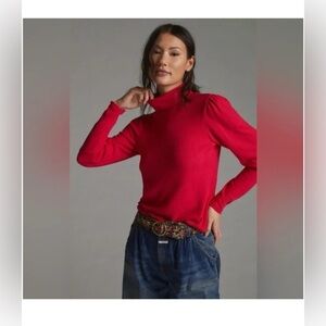 NWT Anthropologie Puff Sleeve Ballon Turtleneck Sweater Hot Pink L